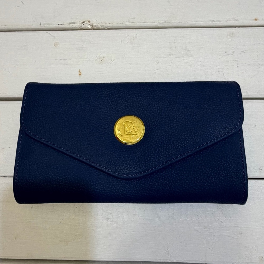 JOY MANGANO SMART CHIC GENUINE LEATHER CROSSBODY WALLET RFID SECURITY NAVY